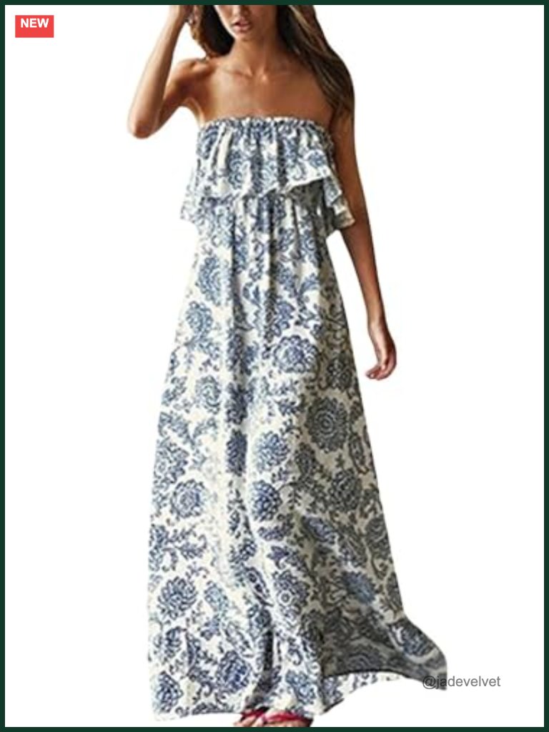 Off Shoulder Ruffle Strapless Maxi Dress Boho Loose Long Dress Rayon Spandex